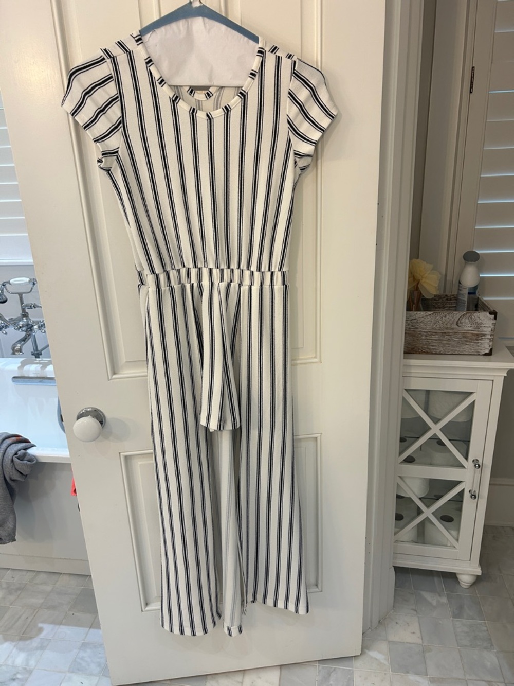 1st Kiss White and Black Striped Short-Sleeve Jumpsuit with shorts in front